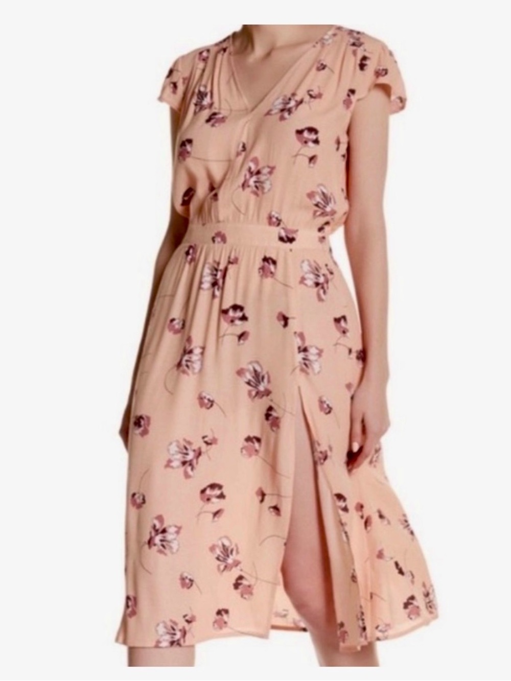 free press Peach Floral V-Neck Midi Dress